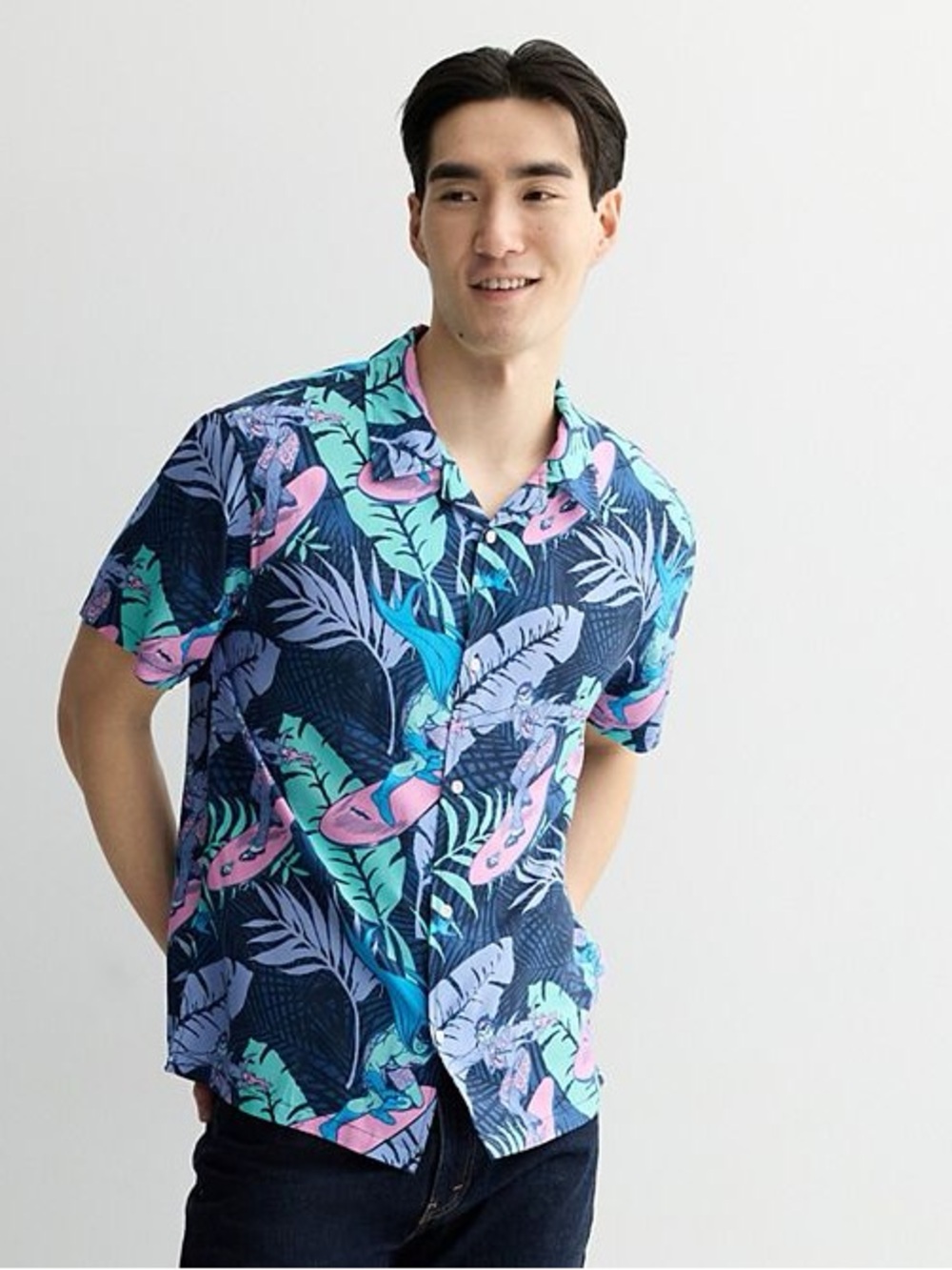Men's DC Comics Batman & Joker Surfing Tropical Short Sleeve Button-Down Shirt